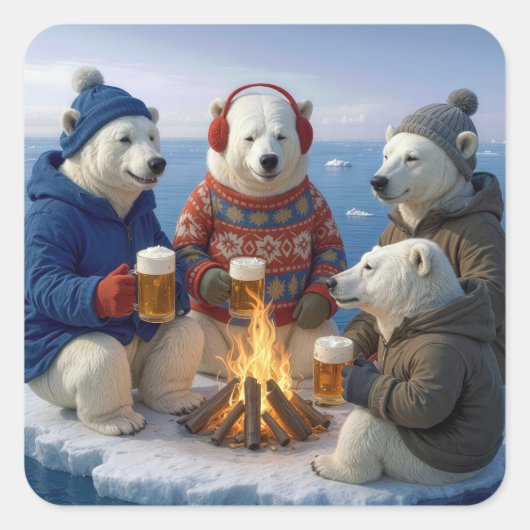 Polar Bears Drinking Around a Campfire  スクエアシール (正面)