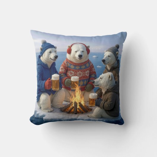 Polar Bears Drinking Beer Around a Campfire  クッション (正面)