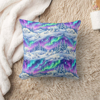 Polar Bears Northern Lights Winter Aurora Throw Pi クッション