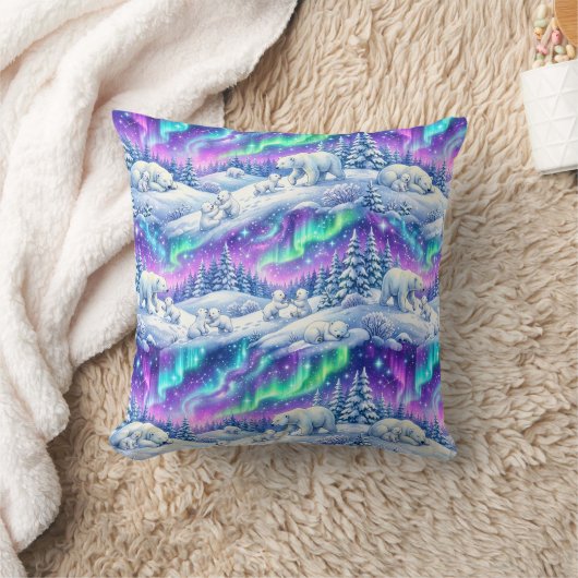 Polar Bears Northern Lights Winter Aurora Throw Pi クッション (ブランケット)