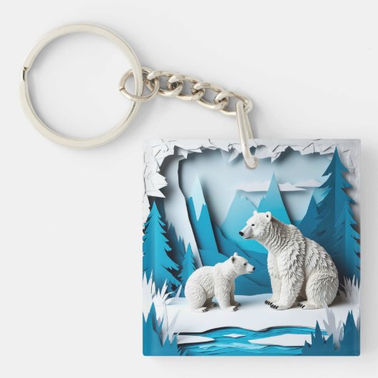Polar Bears Papercraft Scene in Blue Arctic Forest キーホルダー (正面)