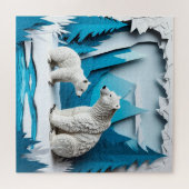 Polar Bears Papercraft Scene in Blue Arctic Forest ジグソーパズル (横)