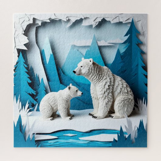 Polar Bears Papercraft Scene in Blue Arctic Forest ジグソーパズル (縦)