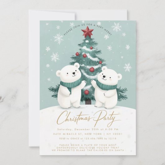 Polar Bears Snow Cute Christmas Party 招待状 (正面)
