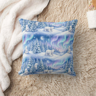 Polar Bears Winter Wonderland Aurora Moon Throw Pi クッション