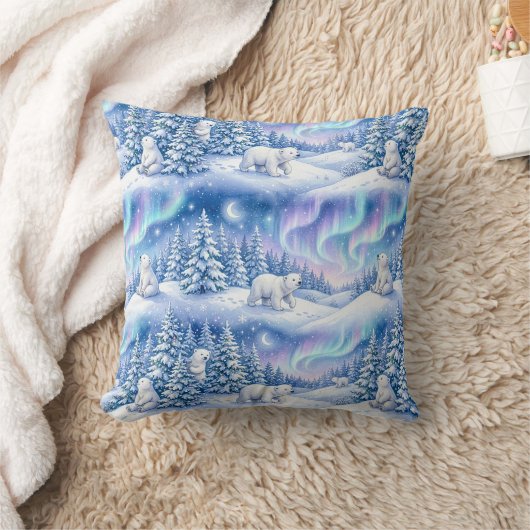 Polar Bears Winter Wonderland Aurora Moon Throw Pi クッション (ブランケット)