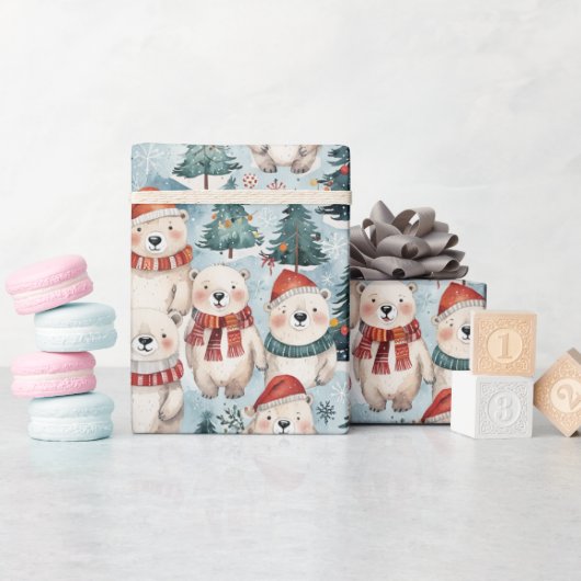 Polar Bears with Hats & Scarves Wrapping Paper ラッピングペーパー (ベビーシャワー)