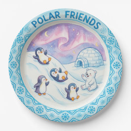 "Polar Friends" かわいいペンギンとホッキョクグマのプレート ペーパープレート