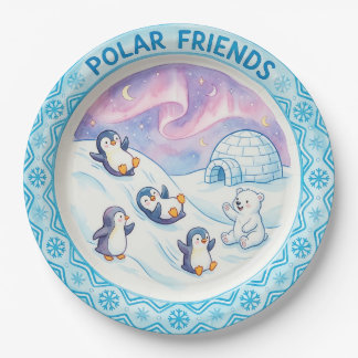 "Polar Friends" かわいいペンギンとホッキョクグマのプレート ペーパープレート