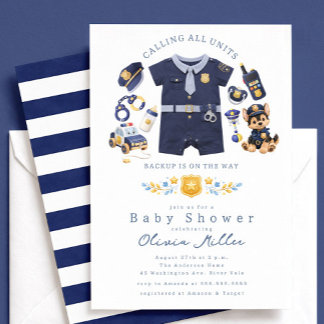 Police Baby Shower Invitation Blue Stripe 招待状