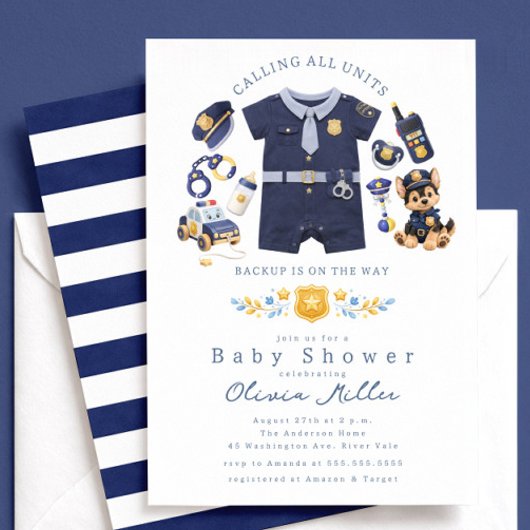 Police Baby Shower Invitation Blue Stripe 招待状