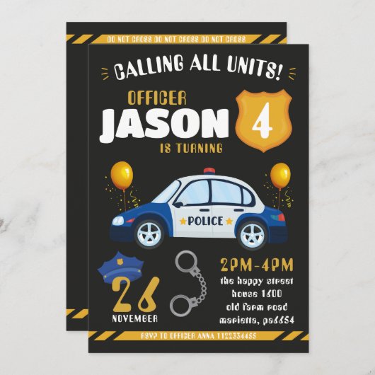 Police Black Invitation for Birthday Party Cops 招待状 (正面/裏面)