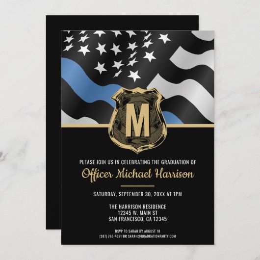 Police Graduation Law Enforcement Monogram Initial 招待状 (正面/裏面)