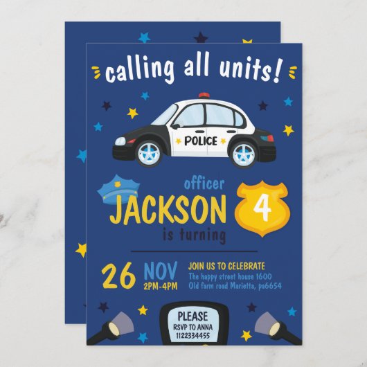 Police Invitation for Birthday Party Cops 招待状 (正面/裏面)