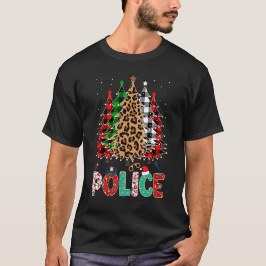Police Leopard Red White Green Plaid Christmas Tre Tシャツ (正面)