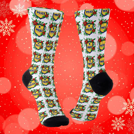 Police Merry Christmas Shield with Poinsettia  ソックス