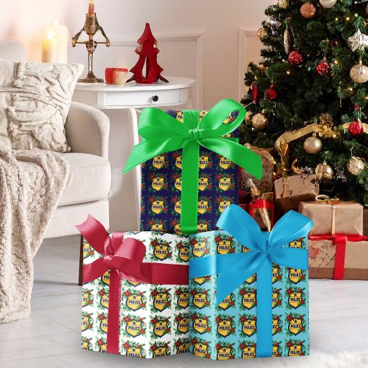 Police Merry Christmas Shield with Poinsettia ラッピングペーパーシート