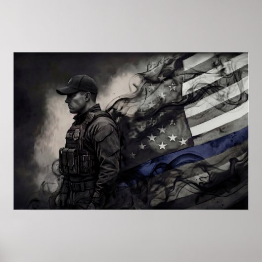 Police Officer Tribute Blue Line American Flag Art ポスター (正面)