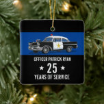 Police Retirement Vintage Car Monogram Name Metal セラミックオーナメント<br><div class="desc">This ornament is a unique gift for a police officer's retirement or to decorate your holiday tree. The design features a vintage police car on a blue line background. Above is a name for you to personalize and below the number of years in service and the town/county in white typography...</div>