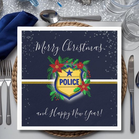 Police Shield Merry Christmas & Happy New Year スタンダードカクテルナプキン