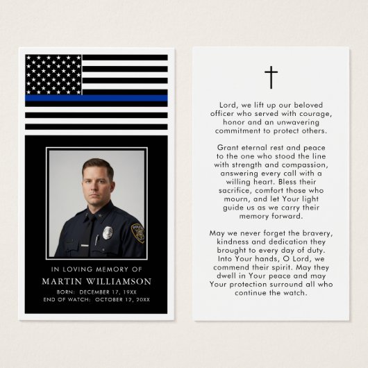 Police Thin Blue Line Flag Funeral Prayer Card (正面&裏面)