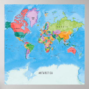 Political world map Mercator projection ポスター