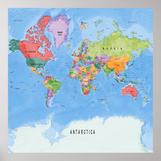 Political world map Mercator projection ポスター (正面)
