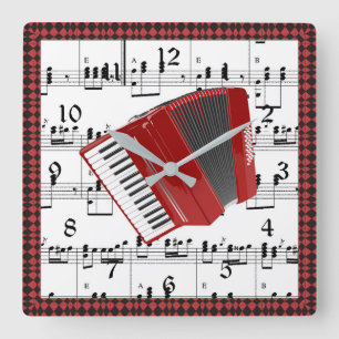 Polka、楽譜に赤のアコーディオン スクエア壁時計