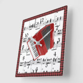 Polka、楽譜に赤のアコーディオン スクエア壁時計 (傾斜)