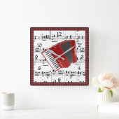 Polka、楽譜に赤のアコーディオン スクエア壁時計 (ホーム)