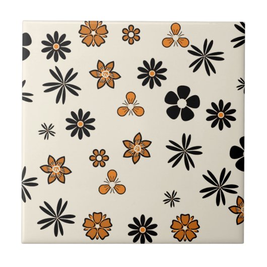 POLKA and DOTS, FLORES PUNTEADAS NARANJA Y NEGRO タイル (正面)
