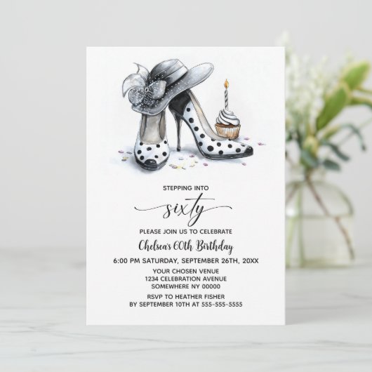 Polka Dot High Heel Shoes 60th Birthday 招待状 (スタンド正面)