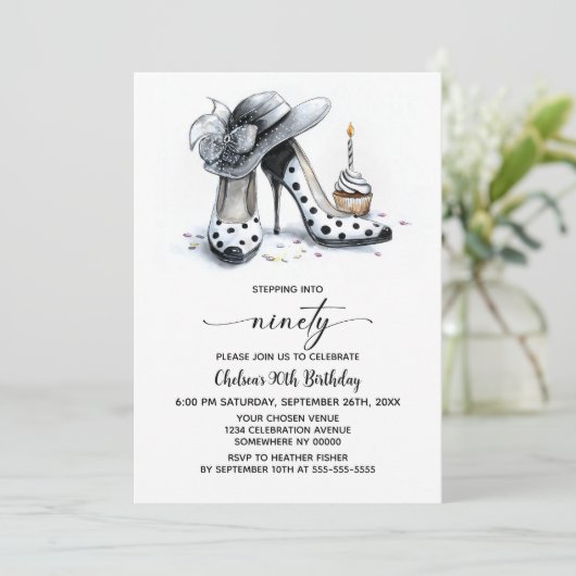 Polka Dot High Heel Shoes 90th Birthday 招待状 (スタンド正面)