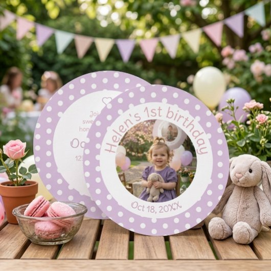 Polka Dot Lavender 1st Birthday Photo Invitation 招待状