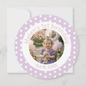 Polka Dot Lavender 1st Birthday Photo Invitation 招待状 (正面)
