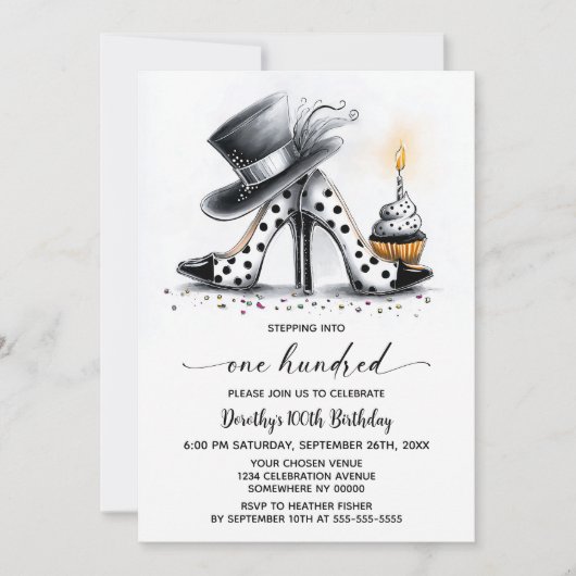 Polka Dot Stiletto Shoes 100th Birthday 招待状 (正面)
