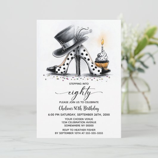 Polka Dot Stiletto Shoes 80th Birthday 招待状 (スタンド正面)