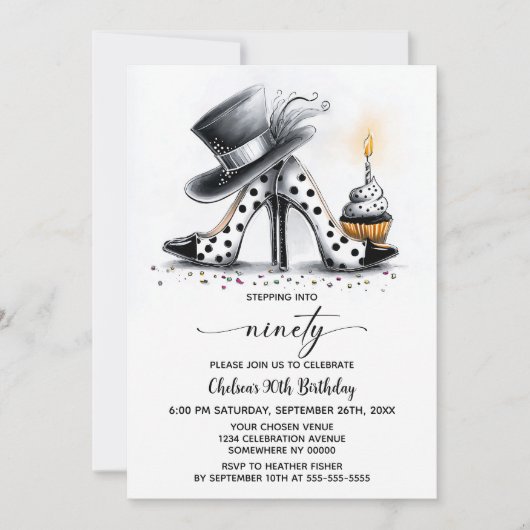 Polka Dot Stiletto Shoes 90th Birthday 招待状 (正面)