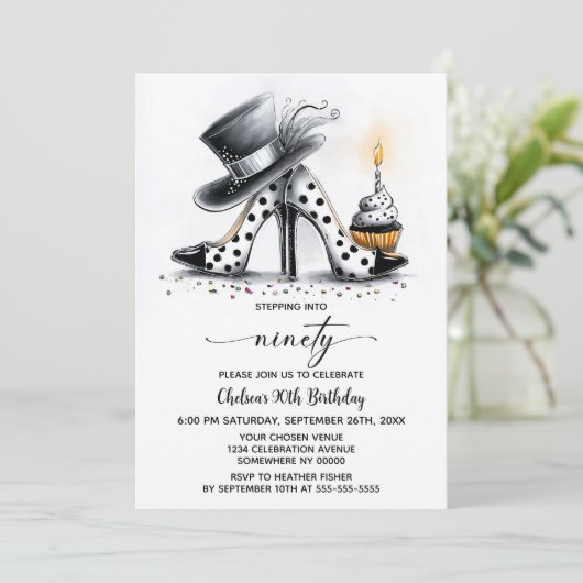 Polka Dot Stiletto Shoes 90th Birthday 招待状 (スタンド正面)