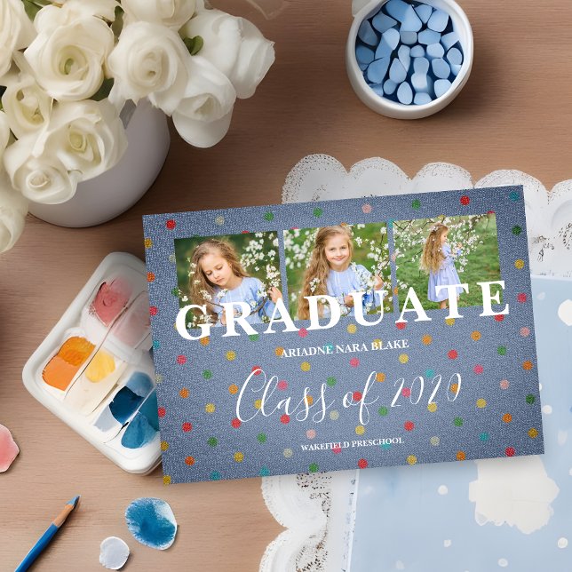 Polka Dots Pre-K Graduation Three Photos Textile (Polka Dots Pre-K Graduate 3 Photos Blue Linen Effect Fabric Graduation Announcement.
)
