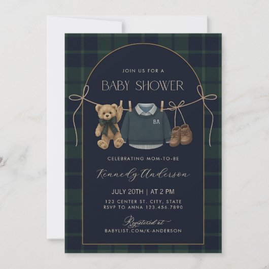 Polo Baby Shower Invitation, Preppy Teddy Bear Bab 招待状 (正面)