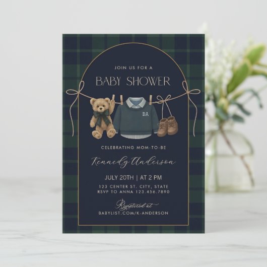 Polo Baby Shower Invitation, Preppy Teddy Bear Bab 招待状 (スタンド正面)