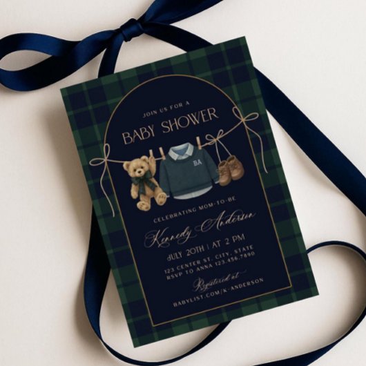 Polo Baby Shower Invitation, Preppy Teddy Bear Bab 招待状