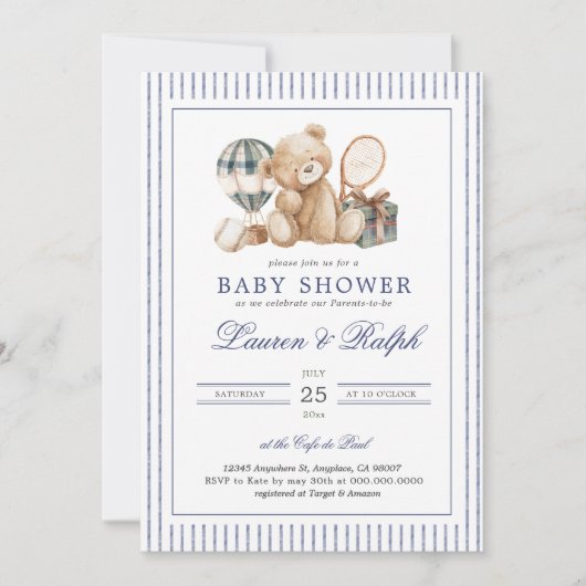 Polo Bear Baby Shower Preppy Boy Plaid Baby Shower 招待状 (正面)