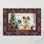 Polo Equestrian Burgundy Plaid Photo Christmas 箔シーズンカード (正面)