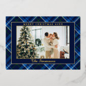Polo Equestrian Navy Blue Plaid Photo Christmas 箔シーズンカード (正面)