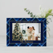 Polo Equestrian Navy Blue Plaid Photo Christmas 箔シーズンカード (立ち正面)