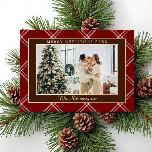 Polo Equestrian Red Burgundy Plaid Photo Christmas 箔シーズンカード