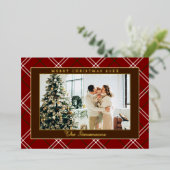 Polo Equestrian Red Burgundy Plaid Photo Christmas 箔シーズンカード (立ち正面)