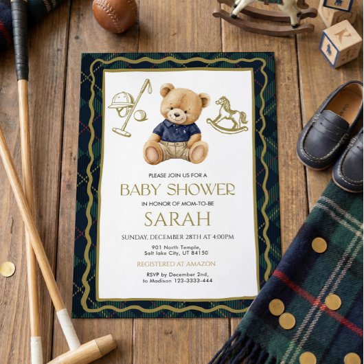 Polo Teddy Bear Baby Shower Invitation 招待状